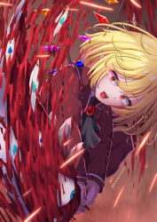 Rule 34 | 1girl, ascot, black ascot, blonde hair, blood, blood splatter, cowboy shot, crystal wings, dress, flandre scarlet, highres, mizunisabano, open mouth, pointy ears, red dress, red eyes, solo, touhou
