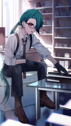 Rule 34 | 00kashian00, 1girl, absurdres, ahoge, androgynous, black-framed eyewear, black gloves, black necktie, black pants, bookshelf, boots, bright pupils, brown footwear, buttons, coffee table, collared shirt, commentary request, creatures (company), earrings, game freak, glasses, gloves, green hair, highres, indoors, jewelry, long hair, looking down, necktie, nintendo, open mouth, pants, pokemon, pokemon sv, ponytail, red eyes, rika (pokemon), shirt, sitting, solo, stud earrings, suspenders, table, white pupils