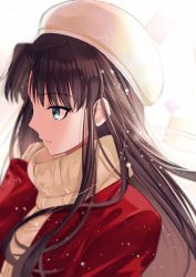 Rule 34 | 1girl, black hair, blue eyes, coat, fate/stay night, fate (series), hat, long hair, scarf, smile, snow, snowing, solo, tohsaka rin, winter clothes, winter coat, yaoshi jun