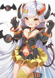 Rule 34 | 1girl, absurdres, bare shoulders, black dress, black footwear, black gloves, blush, boots, breasts, brown eyes, brown thighhighs, claw pose, clothing cutout, collarbone, demon girl, demon horns, demon wings, detached horns, dress, earrings, facial mark, fang, gloves, gradient background, grey background, hands up, headgear, heart, highres, horns, jewelry, kobi (piliheros2000), long hair, navel, navel cutout, open mouth, original, pointy ears, pubic tattoo, silver hair, single thighhigh, small breasts, solo, standing, standing on one leg, tattoo, thighhighs, thighhighs under boots, v-shaped eyebrows, very long hair, white background, wings