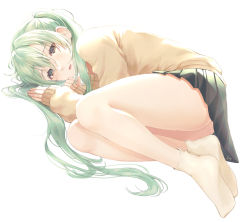 Rule 34 | 1girl, acco (sh in), black eyes, black skirt, blue eyes, bottomless, full body, green eyes, green hair, hair between eyes, hatsune miku, legs, long hair, long sleeves, looking at viewer, lying, on side, parted lips, sidelocks, simple background, skirt, socks, soles, solo, twintails, vocaloid, white background