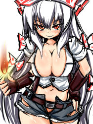Rule 34 | &gt;:), 1girl, adapted costume, areola slip, belt, belt buckle, black gloves, blush, bow, breasts, buckle, center opening, cleavage, denim, denim shorts, female focus, fingerless gloves, fire, fire, fujiwara no mokou, gloves, hair between eyes, hair bow, hair ribbon, hand on own hip, hip focus, large bow, large breasts, long hair, looking at viewer, midriff, navel, no bra, okiraku nikku, red eyes, ribbon, seductive smile, shiny skin, short shorts, shorts, smile, solo, straight hair, torn clothes, touhou, v-shaped eyebrows, very long hair, walking, white hair