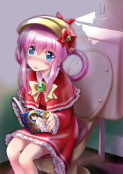 Rule 34 | 10s, 1girl, blue eyes, blush, book, dress, hat, highres, long hair, open book, open mouth, pink hair, reading, sherlock shellingford, sitting, smile, solo, tantei opera milky holmes, toilet, twintails, u4dom