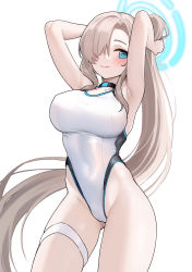 1girl absurdres armpits asuna_(blue_archive) blue_archive blue_eyes blush breasts brown_hair closed_mouth competition_swimsuit cowboy_shot hair_over_one_eye halo highleg highleg_one-piece_swimsuit highres large_breasts long_hair looking_at_viewer one-piece_swimsuit simple_background smile solo swimsuit taotao thigh_strap very_long_hair white_background