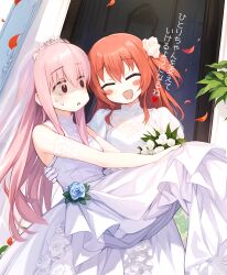 Rule 34 | 2girls, ai-assisted, blue flower, blue rose, blush stickers, bocchi the rock!, bouquet, bridal veil, carrying, closed eyes, commentary request, dress, elbow gloves, female focus, flower, gloves, gotoh hitori, hair flower, hair ornament, heart, highres, japanese text, kadohusa ginpo, kita ikuyo, long hair, multiple girls, open mouth, parted lips, petals, pink hair, princess carry, red hair, rose, sweat, tiara, translation request, veil, wedding, wedding dress, white dress, white flower, white rose, wife and wife, yuri