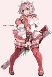 Rule 34 | 1girl, ahoge, blue eyes, boots, breasts, cleavage, covered erect nipples, elphelt valentine, fingerless gloves, gloves, guilty gear, guilty gear strive, gun, hairband, highres, holding, holding gun, holding weapon, jacket, karukan (monjya), large breasts, leather, leather jacket, pink hair, short hair, smile, solo, spikes, thick thighs, thigh boots, thighhighs, thighs, weapon, white hair, wide hips