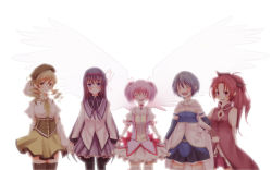 10s 5girls akemi_homura akemi_homura_(magical_girl) bad_id bad_pixiv_id blush closed_eyes highres holding_hands kaname_madoka kaname_madoka_(magical_girl) locked_arms magical_girl mahou_shoujo_madoka_magica mahou_shoujo_madoka_magica_(anime) miki_sayaka miki_sayaka_(magical_girl) multiple_girls pantyhose pasutel sakura_kyoko sakura_kyoko_(magical_girl) simple_background smile tomoe_mami tomoe_mami_(magical_girl) wings