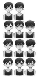 Rule 34 | 1boy, angry, bags under eyes, black eyes, black hair, blush, closed mouth, collarbone, colored skin, expressionless, expressions, greyscale, highres, looking at viewer, monochrome, omori, omori (omori), open mouth, saliva, shaded face, short hair, simple background, smile, tank top, thxzmgn, white background, white skin