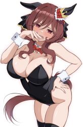 Rule 34 | 1girl, absurdres, animal ears, black leotard, breasts, brown hair, cleavage, detached collar, ear covers, gentildonna (umamusume), hand on own hip, heart ear ornament, highres, horse ears, horse girl, horse tail, large breasts, leotard, looking at viewer, newon, open mouth, red eyes, short hair, smile, solo, strapless, strapless leotard, tail, thighs, umamusume, white background