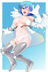 Rule 34 | 1girl, angel of light nanael, angel wings, armor, belt, blue eyes, blue hair, bottle, breasts, elbow gloves, gloves, greaves, kyoku tou, large breasts, matching hair/eyes, milk, nanael (queen&#039;s blade), nanael (queen's blade), nipples, panties, pantyhose, polka dot, polka dot panties, queen&#039;s blade, short hair, solo, torn clothes, torn pantyhose, underwear, wince, wings