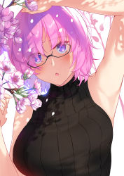 Rule 34 | 1girl, alternate costume, arm up, armpits, black dress, blush, breasts, dress, eyes visible through hair, fate/grand order, fate (series), flower, hair over one eye, large breasts, light purple hair, looking at viewer, majin (kiidoumajin), mash kyrielight, open mouth, purple eyes, ribbed dress, short hair, sleeveless, sleeveless dress, solo, turtleneck