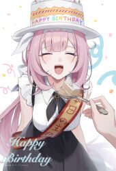 Rule 34 | 1girl, 1other, :d, birthday sash, black skirt, blush, breasts, cake, cake hat, closed eyes, collared shirt, commentary request, confetti, dated, elysia (honkai impact), facing viewer, food, happy birthday, highres, holding, holding spoon, honkai (series), honkai impact 3rd, hoyun, long hair, medium breasts, open mouth, pink hair, shirt, simple background, skirt, sleeveless, sleeveless shirt, smile, spoon, streamers, suspender skirt, suspenders, very long hair, white background, white headwear, white shirt