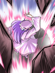 Rule 34 | 1girl, arm up, blue ribbon, capelet, dress, female focus, floating rock, frilled dress, frilled hat, frills, from above, hat, hat ribbon, long hair, long sleeves, magic, mob cap, patchouli knowledge, pink dress, pink hat, purple eyes, purple hair, ribbon, shaded face, solo, standing, touhou, wide sleeves, yuzukineko