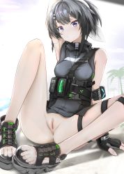 Rule 34 | 1girl, absurdres, anus, arknights, arm support, arm up, armband, armpits, between breasts, black footwear, black gloves, blush, bottomless, breasts, censored, cleft of venus, fingerless gloves, gloves, grey hair, grey shirt, hairband, has bad revision, has censored revision, highres, la pluma (arknights), looking at viewer, m legs, mosaic censoring, nopetroto, outdoors, palm tree, purple eyes, pussy, sandals, shirt, short hair, small breasts, solo, spread legs, strap between breasts, thigh strap, tree, white hairband