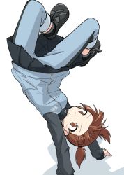 Rule 34 | 10s, 1girl, ankle boots, boots, brown hair, girls und panzer, handstand, jacket, kakizaki (chou neji), keizoku military uniform, long sleeves, mikko (girls und panzer), military, military uniform, pants, pants rolled up, pants under skirt, pleated skirt, short twintails, skirt, solo, track jacket, track pants, twintails, uniform, white background