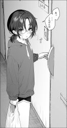 Rule 34 | 1girl, absurdres, apartment, bag, blush, feet out of frame, glasses, greyscale, highres, holding, holding bag, hood, hoodie, long sleeves, looking at viewer, monochrome, nikubou maranoshin, original, parted lips, ponytail, short hair, short shorts, shorts, solo, standing, sweatdrop