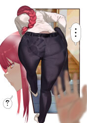 Rule 34 | ..., 1girl, 1other, ?, absurdres, ass, black pants, braid, braided ponytail, chainsaw man, formal, highres, kikimifukuri, leaning forward, makima (chainsaw man), multiple views, orange eyes, pant suit, pants, pantylines, pov, pov hands, profile, red hair, ringed eyes, shared speech bubble, shirt, sidelocks, spanked, speech bubble, spoken ellipsis, spoken question mark, suit, white shirt