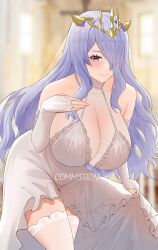 Rule 34 | 1girl, absurdres, alternate costume, bare shoulders, breasts, bridal gauntlets, bride, camilla (fire emblem), cleavage, commission, crown, dress, fire emblem, fire emblem fates, garter straps, genm7, hair over one eye, highres, huge breasts, jewelry, leaning forward, long hair, looking at viewer, nintendo, purple eyes, purple hair, ring, smile, solo, thighhighs, wavy hair, wedding dress, wedding ring