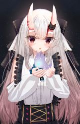 Rule 34 | 1girl, absurdres, black background, black dress, blush, commentary request, dress, gradient hair, hair between eyes, highres, hololive, horns, light particles, long hair, long sleeves, looking at viewer, miaruri, multicolored hair, nakiri ayame, nakiri ayame (girly), open hands, open mouth, pinafore dress, red eyes, red hair, shirt, sidelocks, skin-covered horns, sleeveless, sleeveless dress, solo, streaked hair, virtual youtuber, white hair, white shirt