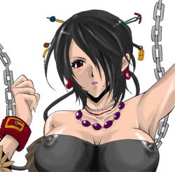 Rule 34 | 00s, 1girl, bare shoulders, bdsm, black hair, bondage, bound, braid, breasts, cleavage, covered erect nipples, dress, earrings, female focus, final fantasy, final fantasy x, hair bun, hair ornament, hair over one eye, jewelry, lipstick, lowres, lulu (ff10), makeup, mole, purple lips, simple background, single hair bun, solo, square enix, white background