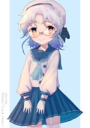 Rule 34 | 1girl, blue bow, blue neckerchief, blue ribbon, blue sailor collar, blue skirt, bow, brown eyes, buttons, dated, garter straps, glasses, gloves, grey hair, haruka faraway716, hat, highres, hirato (kancolle), kantai collection, long sleeves, neckerchief, one-hour drawing challenge, pleated skirt, ribbon, sailor collar, school uniform, serafuku, short hair, skirt, solo, thighhighs, twitter username, wavy hair, white background, white gloves, white thighhighs
