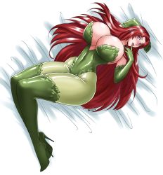 Rule 34 | 1girl, areola slip, boots, breasts, cleavage, cosplay, dc comics, devil-v, gloves, high heel boots, high heels, highres, huge breasts, leotard, lying, on bed, original, poison ivy, poison ivy (cosplay), purple eyes, red hair, stiletto heels, thigh boots, thighhighs