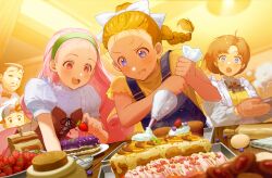 Rule 34 | 2boys, 3girls, apron, backwards hat, bag, baking, baseball cap, berry, black bow, black bowtie, blonde hair, blue eyes, blue headwear, blue overalls, blush, bokujou monogatari, bow, bowtie, braid, braided ponytail, brooch, brown hair, bustier, cake, ceiling, ceiling light, chocolate, clothes pin, dutch angle, egg, elli (bokujou monogatari), excited, facial hair, food, fruit, gem, grey shirt, hair bow, hair pulled back, hairband, hands up, hat, highres, holding, holding food, holding fruit, holding tray, icing, indoors, jewelry, long hair, long sleeves, looking at another, looking down, maid apron, multiple boys, multiple girls, mustache, nervous, nshi, orange (fruit), orange slice, oven mitts, overalls, paper bag, parted bangs, pastry bag, pete (bokujou monogatari), pink hair, popuri (bokujou monogatari), puffy short sleeves, puffy sleeves, ran (bokujou monogatari), red bow, red bowtie, red eyes, red gemstone, red skirt, rolling pin, shirt, short hair, short sleeves, single braid, skirt, strawberry, surprised, sweat, table, traditional bowtie, tray, upper body, white bow, white shirt, wooden table, yellow shirt