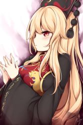 Rule 34 | 1girl, bad id, bad twitter id, black dress, blonde hair, blush, breasts, chinese clothes, crescent, dress, energy, fox tail, from side, hat, highres, junko (touhou), large breasts, long hair, long sleeves, looking away, maremay0513, multiple tails, parted lips, profile, red eyes, sidelocks, solo, tabard, tail, touhou, upper body, wide sleeves