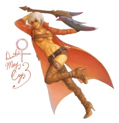 Rule 34 | 1girl, arms up, belt, boots, capcom, coat, dante, devil may cry (series), devil may cry 3, female focus, full body, gender request, genderswap, grey hair, guitar, instrument, jewelry, lhetoric, midriff, necklace, open clothes, open coat, short hair, short shorts, shorts, smile, solo, tagme, thighhighs, trench coat, white background