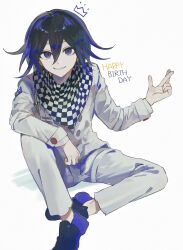 Rule 34 | 1boy, black footwear, black hair, buttons, checkered clothes, checkered scarf, crown print, danganronpa (series), danganronpa v3: killing harmony, double-breasted, grey jacket, grey pants, hair between eyes, happy birthday, highres, jacket, knee up, long sleeves, male focus, multicolored hair, nemari (nemaru 0907), oma kokichi, pants, purple eyes, purple footwear, purple hair, scarf, shoes, simple background, sitting, smile, solo, two-tone hair, white background
