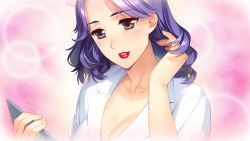 Rule 34 | 1girl, breasts, cleavage, collarbone, doukyuusei, game cg, hand in own hair, highres, holding, kusanagi yayoi, lab coat, large breasts, long hair, official art, open mouth, purple hair, red lips, solo, sumeragi kohaku, upper body