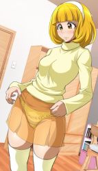 Rule 34 | 1girl, blonde hair, blunt bangs, blush, breasts, chair, closet, hairband, itachou, kise yayoi, panties, precure, room, see-through, skirt, smile precure!, solo, thighhighs, underwear, white thighhighs, yellow eyes, yellow panties