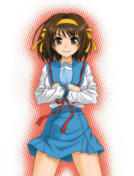 00s 1girl blue_skirt brown_eyes brown_hair crossed_arms female_focus hida_tatsuo looking_at_viewer sailor_collar school_uniform serafuku short_hair simple_background skirt solo suzumiya_haruhi suzumiya_haruhi_no_yuuutsu white_background