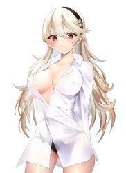 Rule 34 | 1girl, black hairband, black panties, blush, breasts, buttons, closed mouth, commission, corrin (female) (fire emblem), corrin (fire emblem), covered erect nipples, dress shirt, embarrassed, fire emblem, fire emblem fates, hairband, highres, large breasts, long hair, long sleeves, looking at viewer, nintendo, no bra, panties, partially unbuttoned, pointy ears, red eyes, see-through, shirt, simple background, solo, sweatdrop, underwear, white background, white hair, white shirt, yoru (yowuyoru)