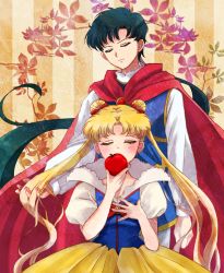 Rule 34 | 1boy, 1girl, apple, bishoujo senshi sailor moon, bishoujo senshi sailor moon sailor stars, black hair, cosplay, covered mouth, disney, double bun, dress, closed eyes, food, fruit, gown, grabbing another&#039;s hair, highres, inuko (nozomi1118), long hair, low ponytail, ponytail, puffy short sleeves, puffy sleeves, seiya kou, short sleeves, snow white, snow white (cosplay), snow white (disney), snow white and the seven dwarfs, striped, striped background, tsukino usagi, twintails, vertical stripes, very long hair, yellow background