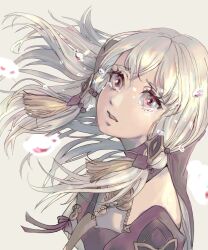 Rule 34 | 1girl, collar, crying, crying with eyes open, dress, fire emblem, fire emblem: three houses, highres, himonozato, long hair, looking to the side, lysithea von ordelia, nintendo, pink eyes, portrait, purple collar, purple dress, solo, tears, white hair
