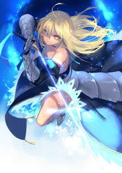 Rule 34 | 1girl, armor, artoria pendragon (all), artoria pendragon (fate), bare shoulders, blonde hair, fate/stay night, fate (series), glowing, gradient background, green eyes, hair down, joseph lee, long hair, saber (fate), solo, sword, weapon, yellow eyes