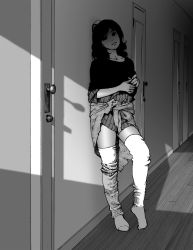 Rule 34 | 1girl, collarbone, contrapposto, door, full body, greyscale, head tilt, highres, indoors, leaning back, long hair, monochrome, no pants, own hands together, shirt, socks, solo, standing, striped clothes, striped shirt, suzushiro (suzushiro333), thighhighs, vertical-striped clothes, vertical-striped shirt