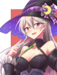 Rule 34 | 1girl, :d, bare shoulders, black dress, blush, bow, breasts, cleavage, corrin (female) (fire emblem), corrin (female) (halloween) (fire emblem), corrin (fire emblem), dress, earrings, fire emblem, fire emblem fates, fire emblem heroes, grey hair, hair between eyes, halloween, halloween costume, hat, hat bow, highres, jewelry, long sleeves, medium breasts, minamonochaba, nintendo, official alternate costume, open mouth, pointy ears, purple bow, red eyes, smile, upper body, witch, witch hat