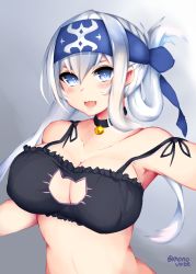 Rule 34 | 10s, 1girl, armpits, bandana, bell, black bra, blue eyes, bra, breasts, cat cutout, cat lingerie, choker, cleavage, cleavage cutout, clothing cutout, folded ponytail, frilled bra, frills, headband, jingle bell, kamoi (kancolle), kantai collection, large breasts, lingerie, long hair, meme attire, navel, neck bell, open mouth, panties, sidelocks, silver hair, solo, tail, thick eyebrows, underwear, underwear only, upper body