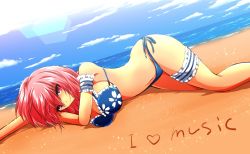Rule 34 | 1girl, arm cuffs, backlighting, beach, bikini, blue sky, breasts, cloud, day, english text, floral print, head on arm, heart, hip focus, large breasts, legs, lens flare, lying, navel, nekominase, ocean, on side, outdoors, perspective, pink eyes, pink hair, saigyouji yuyuko, sand, sky, smile, solo, sparkle, stomach, swimsuit, thigh strap, thighs, touhou