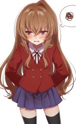 Rule 34 | 1girl, aisaka taiga, arms behind back, black ribbon, black thighhighs, blazer, blue skirt, blush, brown eyes, brown hair, buttons, collared shirt, commentary request, cowboy shot, double-breasted, hair between eyes, highres, jacket, long hair, long sleeves, looking to the side, neck ribbon, oohashi high school uniform, parted lips, pleated skirt, red jacket, ribbon, school uniform, shirt, simple background, skirt, solo, spoken squiggle, squiggle, standing, thighhighs, tomoshibi (rokugatsu), toradora!, white background, white shirt
