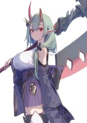 Rule 34 | 1girl, absurdres, akari (baffu), asymmetrical horns, axe, baffu, bare shoulders, black thighhighs, breasts, closed mouth, commentary request, detached sleeves, fingernails, green hair, hakama, high-waist skirt, highres, horns, japanese clothes, large breasts, long fingernails, long hair, looking at viewer, nail polish, oni, oppai loli, original, over shoulder, pointy ears, purple hakama, purple skirt, red eyes, red horns, red nails, shirt, simple background, skindentation, skirt, solo, thick thighs, thighhighs, thighs, weapon, weapon over shoulder, white background, white shirt