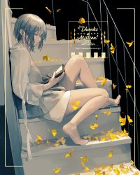Rule 34 | 1other, absurdres, androgynous, artist name, bare legs, barefoot, book, closed mouth, expressionless, from side, grey eyes, grey hair, highres, holding, holding book, looking away, open book, original, railing, reading, short hair, sitting, solo, stairs, ukai saki, watermark, web address