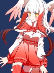 Rule 34 | 1girl, alternate costume, belt, bird wings, blue background, blunt bangs, blush, capelet, frilled skirt, frills, fur-trimmed capelet, fur trim, gradient skirt, head wings, highres, japanese crested ibis (kemono friends), kemono friends, long hair, long sleeves, looking at viewer, multicolored hair, nail polish, petit ramune, pom pom (clothes), puffy long sleeves, puffy sleeves, red belt, red hair, red nails, red skirt, red thighhighs, shirt, sidelocks, simple background, skirt, smile, solo, striped clothes, striped thighhighs, tail, thigh gap, thighhighs, vertical-striped clothes, vertical-striped thighhighs, white hair, white shirt, wings, yellow eyes