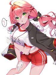Rule 34 | 1girl, black jacket, breasts, gloves, green eyes, hair ornament, hairpin, headband, highres, hololive, jacket, large breasts, long hair, looking at viewer, low twintails, open mouth, pink hair, red headband, red shorts, sakura miko, shirt, shorts, solo, twintails, virtual youtuber, whistle, whistle around neck, white background, white gloves, white shirt, yuanagae