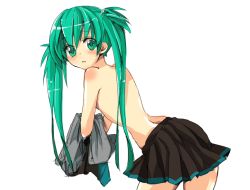 Rule 34 | bad id, bad pixiv id, freckle, furekuru (freckle), green eyes, green hair, hatsune miku, long hair, looking back, sketch, skirt, solo, topless, twintails, undressing, very long hair, vocaloid