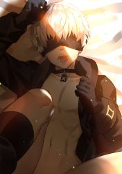 Rule 34 | 1boy, abs, android, black gloves, black jacket, blindfold, choker, gloves, jacket, knee up, long sleeves, lying, male focus, navel, nier:automata, nier (series), on back, open clothes, open jacket, open mouth, pectorals, short hair, silver hair, sunlight, teeth, tongue, 9s (nier:automata), zishengtian123