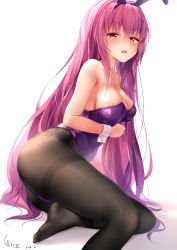 Rule 34 | 1girl, animal ears, ass, bare arms, bare shoulders, black pantyhose, blush, breasts, chen bin, cleavage, commentary request, dated, eyes visible through hair, fake animal ears, fate/grand order, fate (series), from side, hairband, highres, leaning to the side, leotard, long hair, looking at viewer, medium breasts, no shoes, official alternate costume, open mouth, pantyhose, playboy bunny, purple eyes, purple hair, purple hairband, purple leotard, rabbit ears, scathach (fate), scathach (piercing bunny) (fate), signature, simple background, sitting, solo, teeth, thighband pantyhose, upper teeth only, very long hair, white background, wrist cuffs