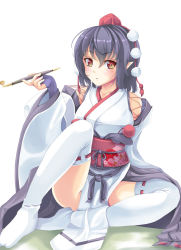 Rule 34 | 1girl, black hair, black wings, detached sleeves, fingerless gloves, floral print, gloves, hat, holding, holding smoking pipe, japanese clothes, kourindou tengu costume, looking at viewer, m yumi fuwawa, obi, open mouth, pelvic curtain, smoking pipe, pointy ears, pom pom (clothes), red eyes, sash, shameimaru aya, short hair, sitting, solo, thighhighs, thighs, tokin hat, touhou, wide sleeves, wings, yumibakama meme